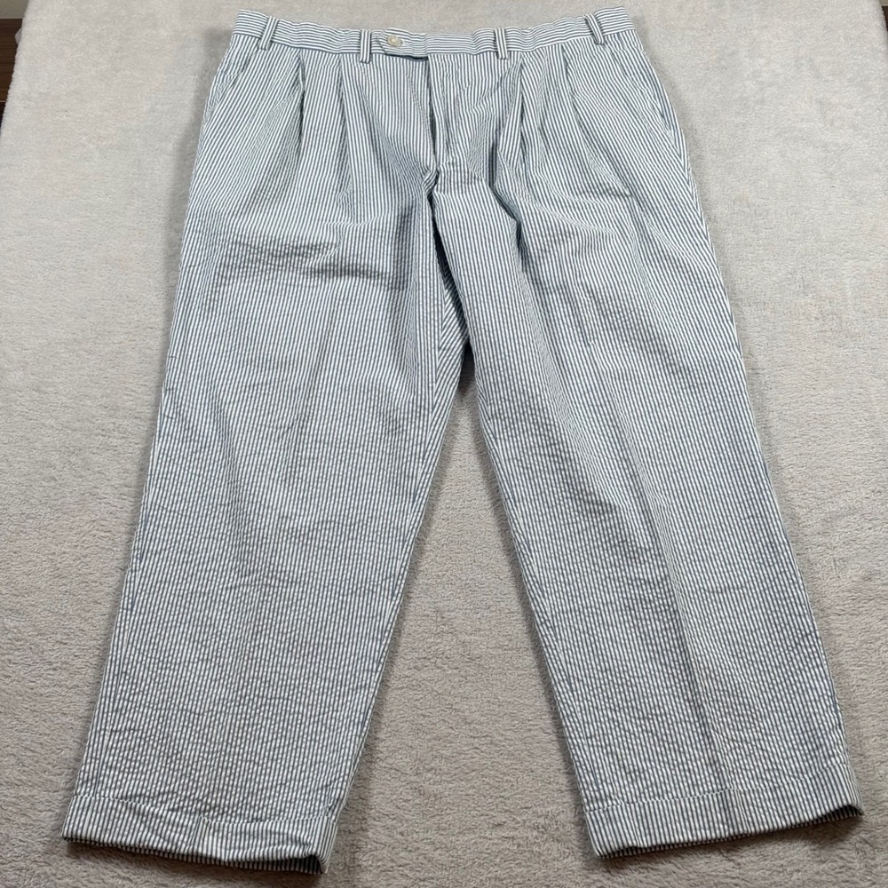 Lauren Ralph Lauren Mens Blue White Seersucker Striped Pleated Pants 36x30